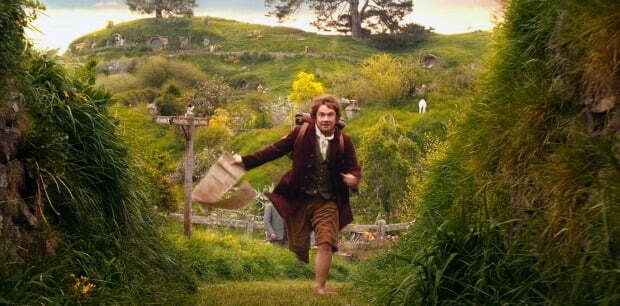 A Hobbit running through the countryside with back pack in The Hobbit