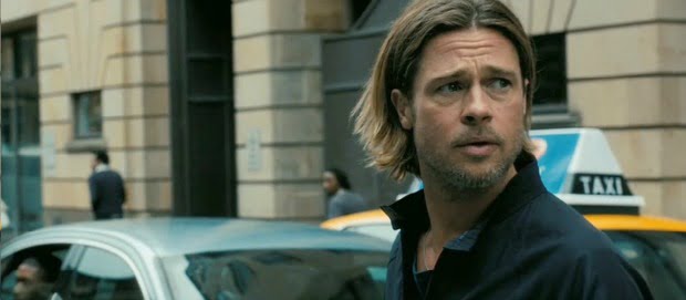 Gerry Lane played by Brad Pitt looks on in concern in World War Z