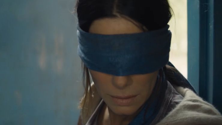 A woman blindfolded in Bird Box