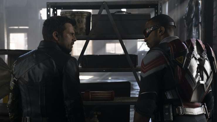 Bucky and Falcon face to face in The Falcon and the winter soldier