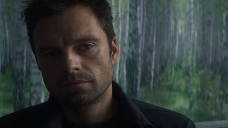 Bucky Barnes looks concerned in  The Falcon and the winter soldier