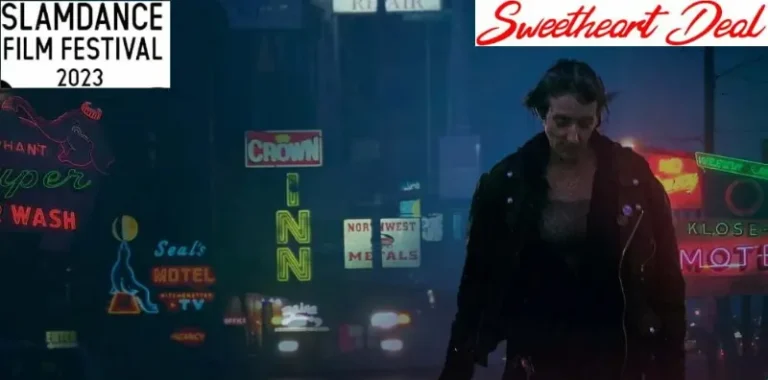 woman walks neon lit streets in Sweetheart Deal