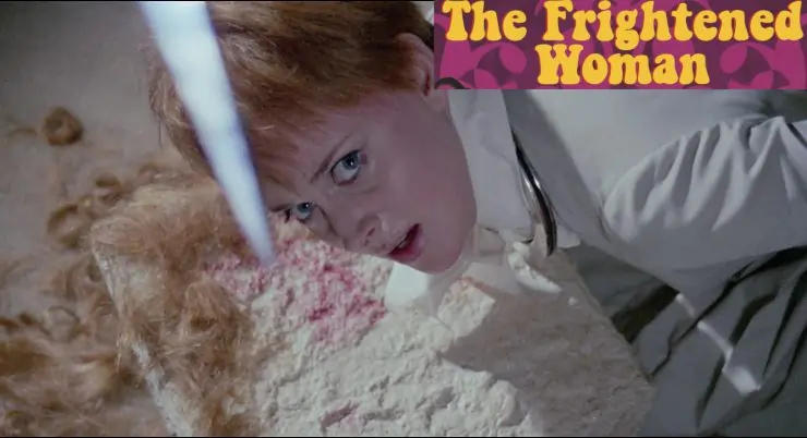 A woman looks scared in the Frightened Room for shameless films