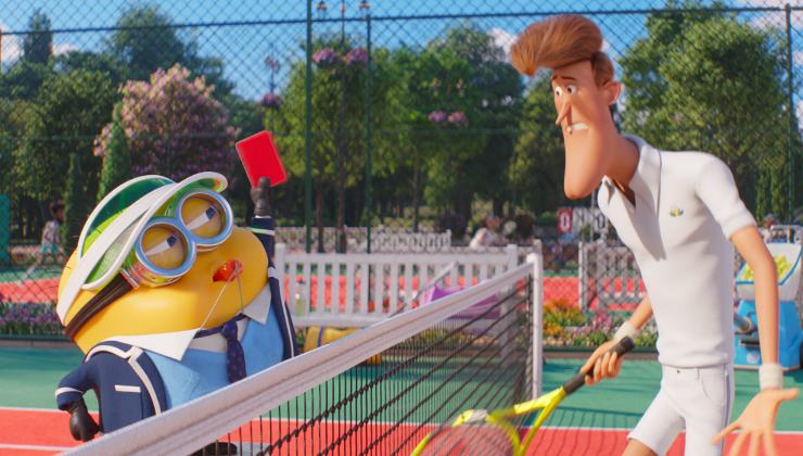 Small yellow animated character gives a red card to tennis player