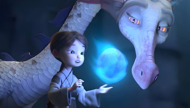 animated girl with a magical ball with dragon