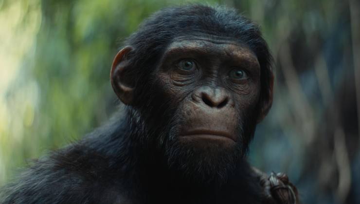 An CGI Ape looks on in fear