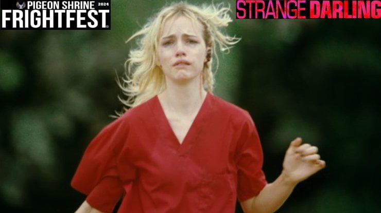 A Woman runs away from something wearing red
