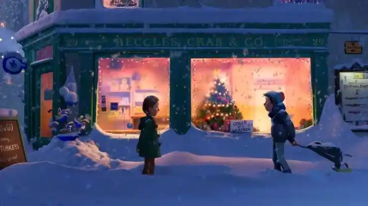 A young boy and girl meet face to face in That Christmas Netflix animation