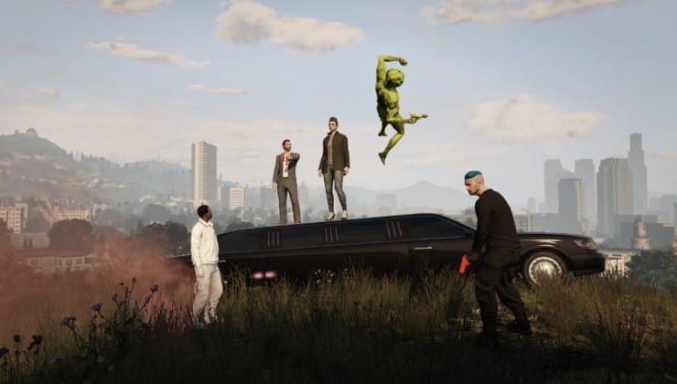 Men jumping or standing around in Grand Theft Hamlet