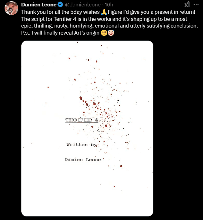 Damien Leone talks Terrifer 4 on X