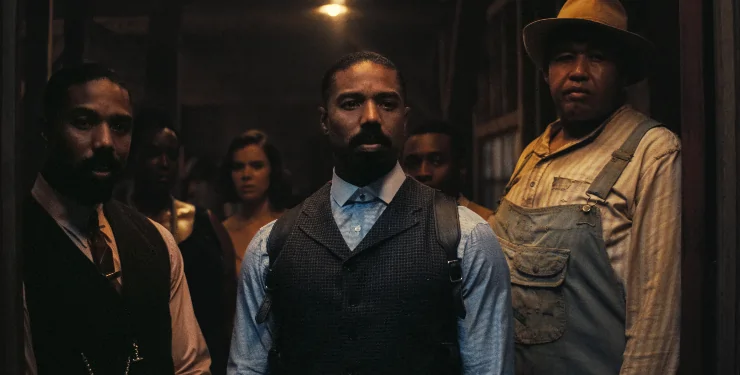 Main cast look on from the juke joint in Sinners