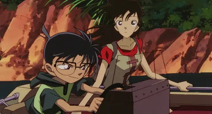 Conan rides a boat with a young woman