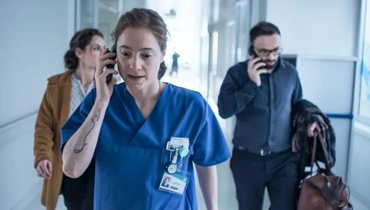 Nurse Floria on the phone on duty in Late Shift out in UK cinemas 1st August