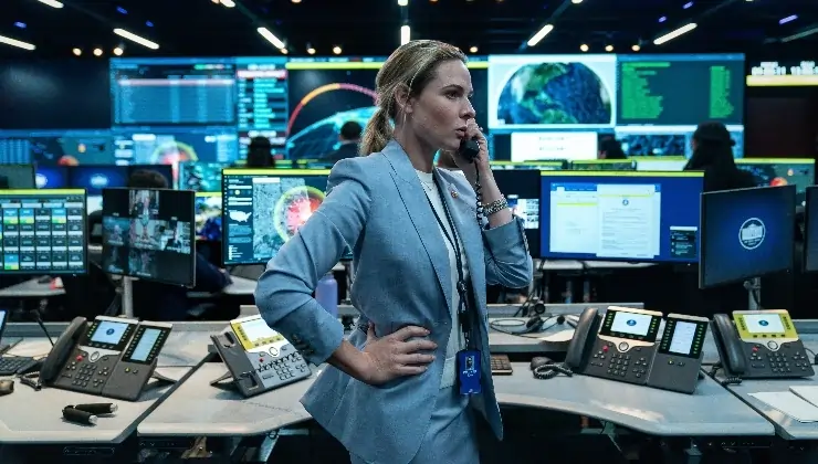 Rebecca Ferguson talking to someone in A House Of Dynamite
