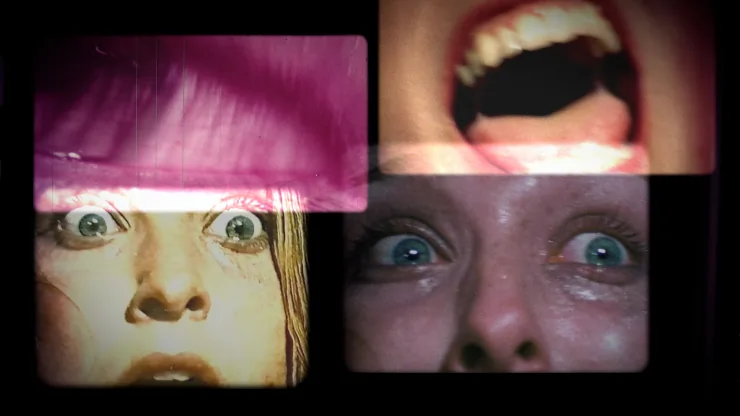 terrified female eyes and screams for Chain Reactions documentary