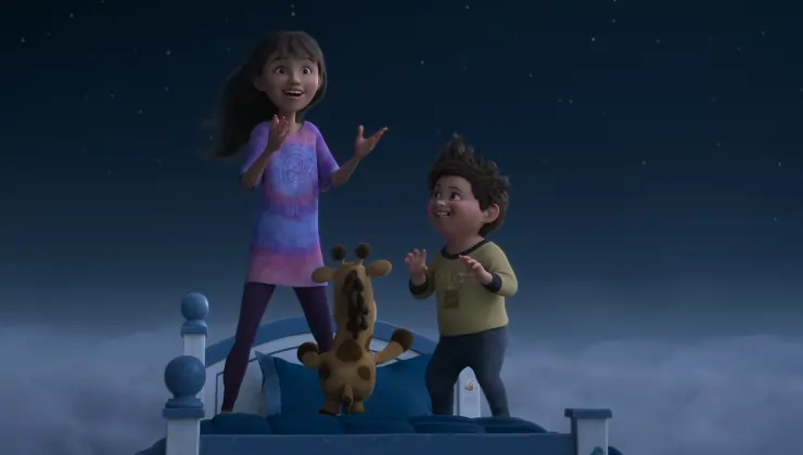 young kids jump up and down on a big bed in Your dreams