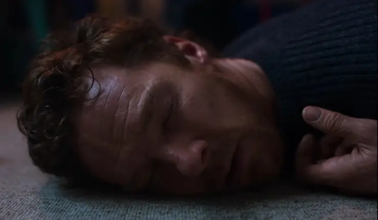 Benedict Cumberbatch lies dies on floor in The Thing With Feathers