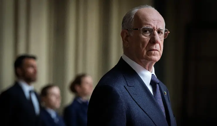An older man in a suit and glasses looks on, reflects in La Grazia