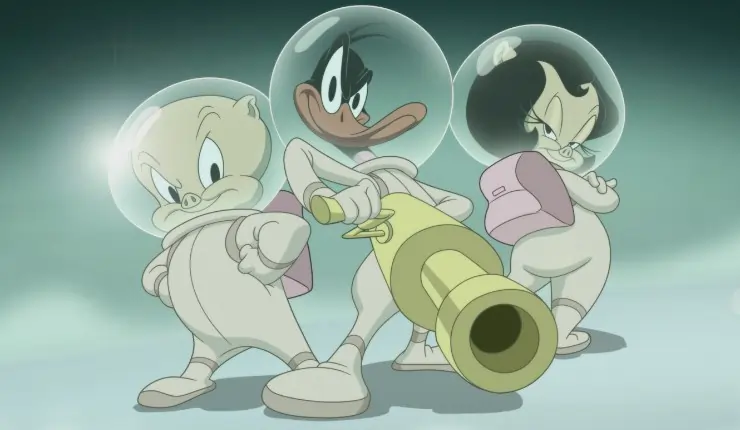 Animated pigs and duck in space suits pointing a raygun