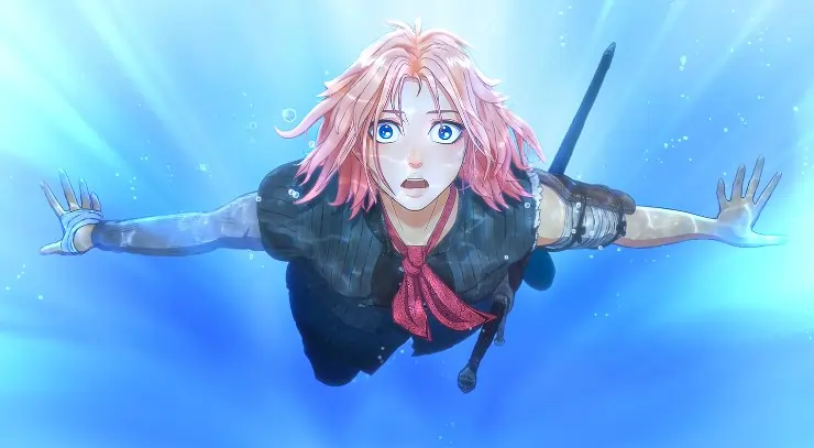 A pink haired girl with a sword floats through the air in Mamoru Hosoda's Scarlet .