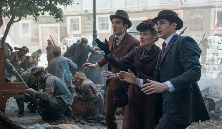 2 well dressed men with well dressed woman try to decipher what has happened in Young Sherlock Holmes series with Guy Ritchie