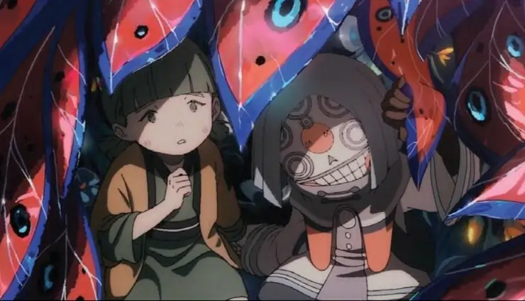 Animated girl and robot friend hide under the leaves in Another World.