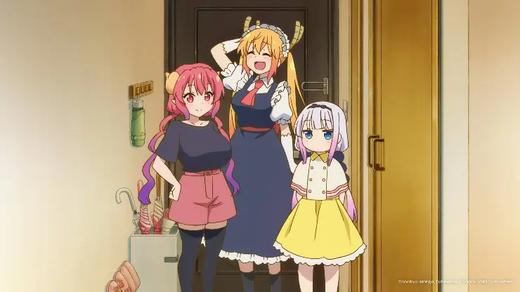 3 animated maids pose together in Anime Miss Kobayashi’s Dragon Maid