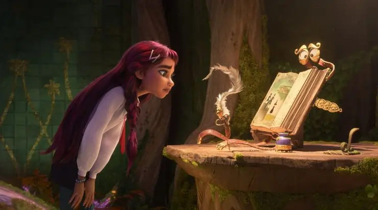 A Young teen girl examines a book, but what book in Disney's HEXED