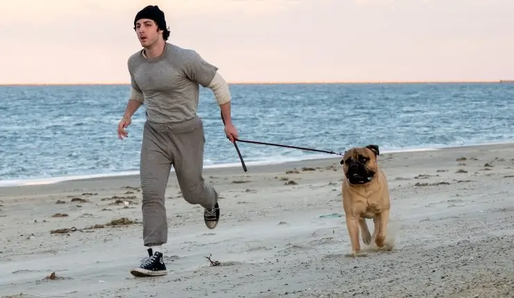 A young man in grey runs a long a beach with his dog in I Play Rocky