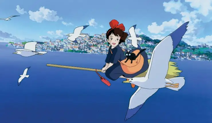 Our titular female character Kik rides her broom delivering with a her cat.
