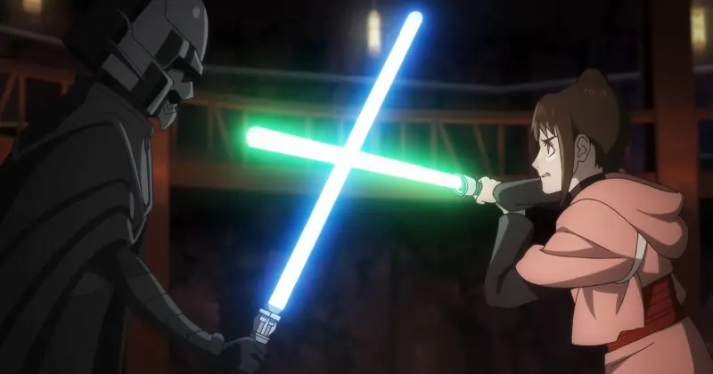 Animated Female warrior fights with a masked enemy in The Ninth Jedi