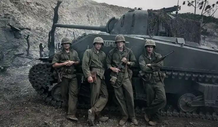 Soldiers stand in front of a tank in The Mosquito Bowl Netflix