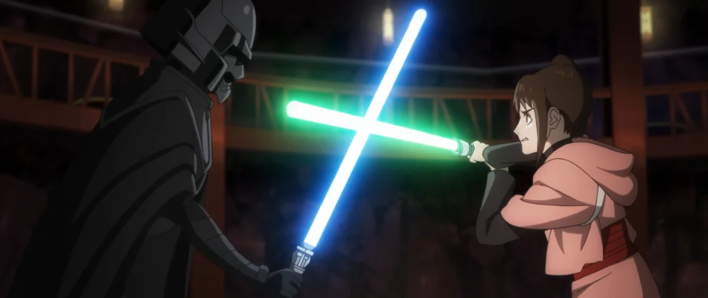 two people fighting with lightsabers