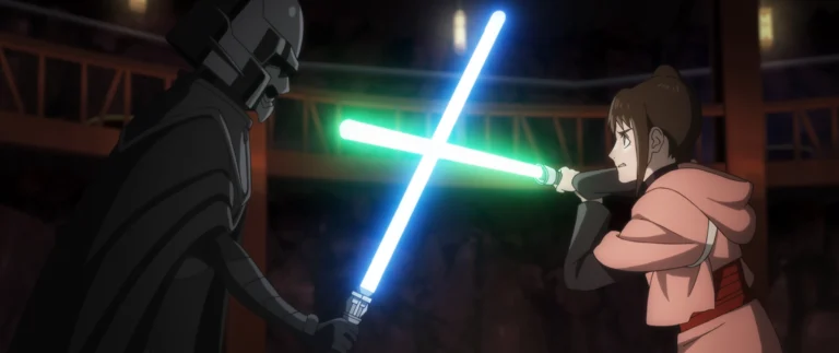 two people fighting with lightsabers