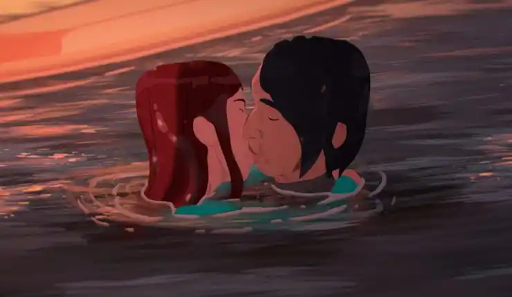 2 animated people embrace a kiss in the water in Waves