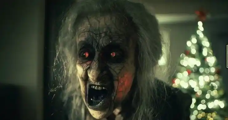 A creepy red eye old woman in film unholy night